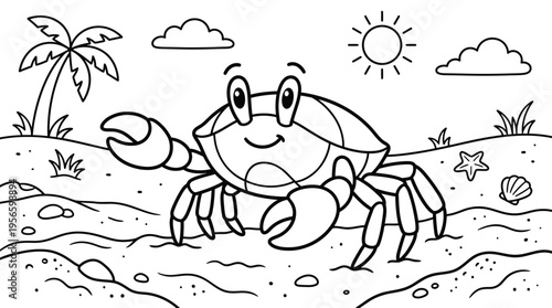 Smiling Cartoon Crab on Sandy Beach.