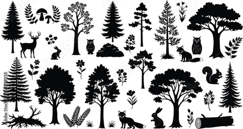 Silhouette forest creatures isolated on transparent background