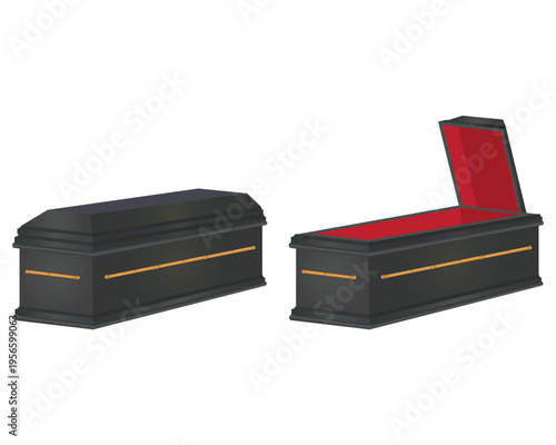 vector design of two black coffins with gold handles on the sides and a coffin on the right side in an open position showing its red interior
