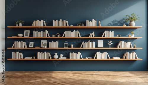 Modern Home Library with Wooden Shelves and Blue Wall Decor