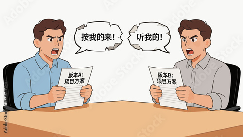 Two men arguing over project plans