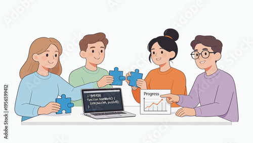 Four people assembling puzzle pieces around a laptop