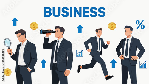 Businessmen in suits with financial symbols