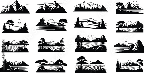 Collection of silhouette mountain and landscape illustrations isolated on transparent background