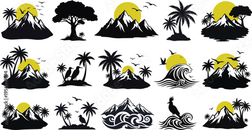 Tropical island silhouette collection isolated on transparent background