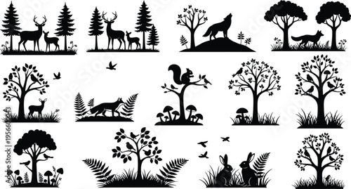 Silhouette of forest animals and trees isolated on transparent background