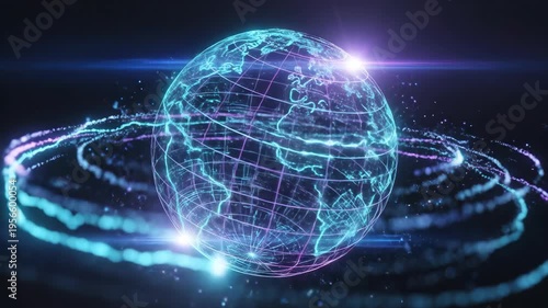 Rotating wireframe Earth globe with neon trails and glow. Digital holographic planet animation showcasing global connectivity and futuristic technology visualization