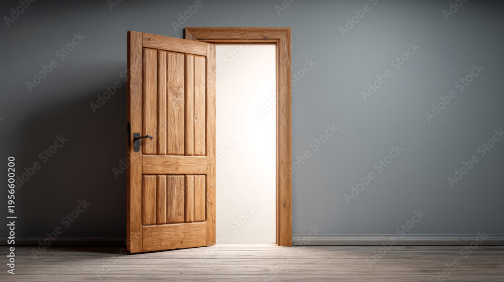 Fototapeta premium Open wooden doorway illuminating a minimalist interior space for modern design inspiration