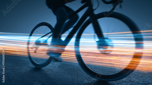 A silhouette of a bike cyclist moving along the road. The theme is cycling and the joy of movement.