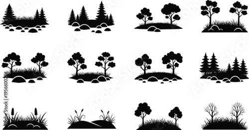 Collection of tree silhouettes isolated on transparent background