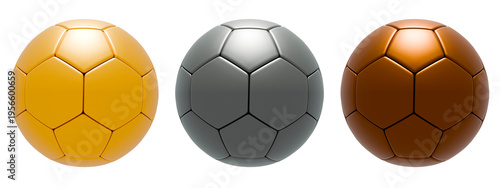 Gold, Silver, and Bronze Soccer Balls Representing Sports Achievement and Victory