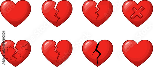 Broken Heart Icon Set with Cracked and Damaged Love Symbols for Relationship Pain Emotional Concept Valentine Design and Romantic Illustration