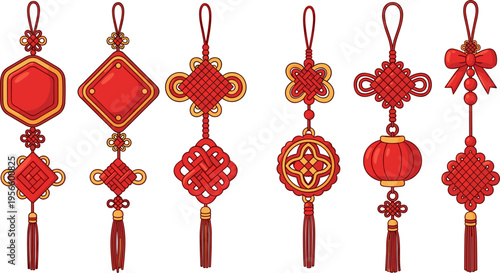 Chinese New Year Hanging Knot Decorations Set with Red Lanterns Tassels Traditional Asian Festival Ornaments for Spring Festival Celebration and Cultural Design Projects