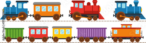 Colorful Cartoon Train Set with Steam Locomotives and Passenger Cargo Carriages for Kids Transportation Illustration Railway Education and Playful Design
