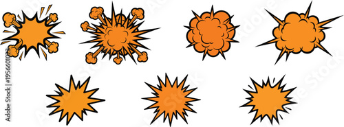 Set of eight orange comic explosion effects or boom effects with black outline
