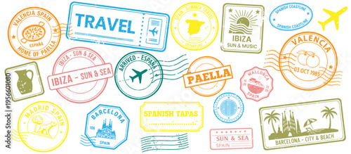 Spain travel passport stamp collection with Spanish destinations landmarks food and tourism icons