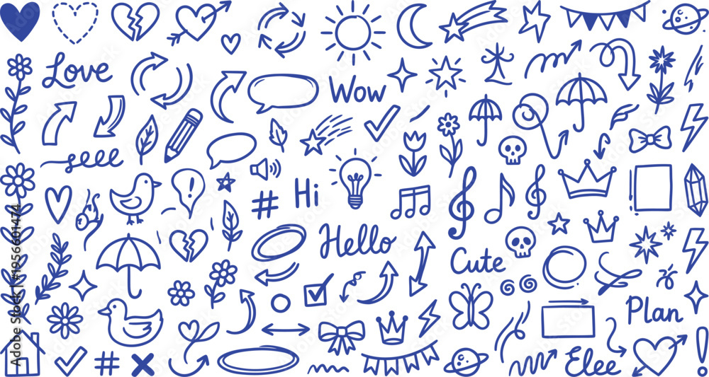 Fototapeta premium A collection of whimsical blue doodles on a white background including hearts stars and cute phrases