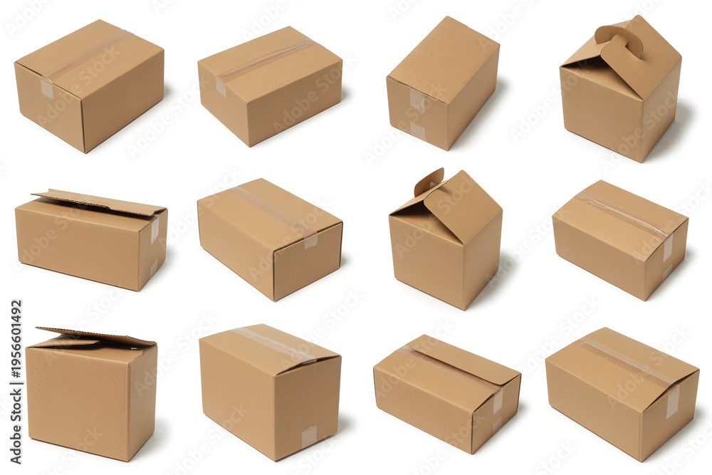 Fototapeta premium Brown Cardboard Boxes Displayed in Various Open and Closed States on White Background