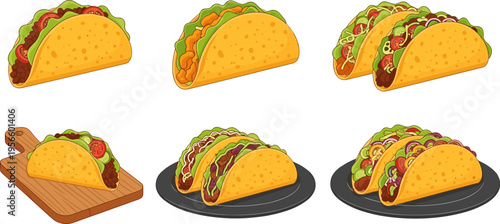 Taco Mexican Food Set with Beef Chicken and Vegetable Fillings Served on Plates and Board for Street Food Menu Design Illustration