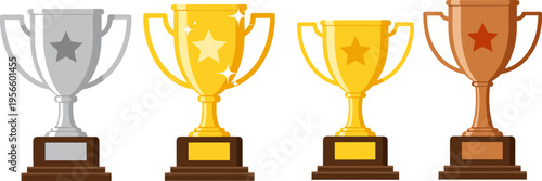 Winner Trophy Cup Set with Gold Silver and Bronze Awards for Competition Achievement Success Recognition and Championship Celebration Vector Illustration