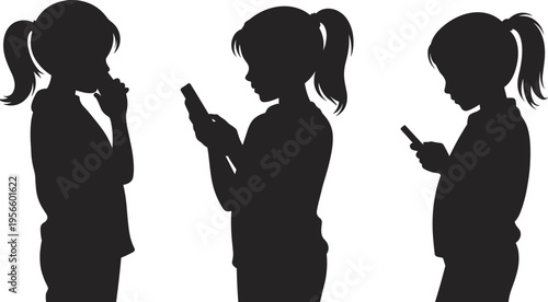 Girl using smartphone silhouettes, child with mobile phone in different poses, digital addiction concept, black and white illustration isolated