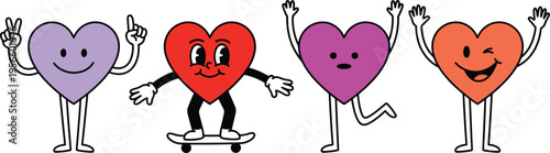 Four heart characters with different colors and joyful expressions