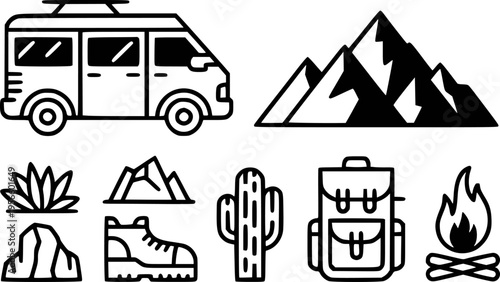 Camping and Outdoor Adventure Featuring Camper Van Mountains Cactus Backpack Boots and Fire