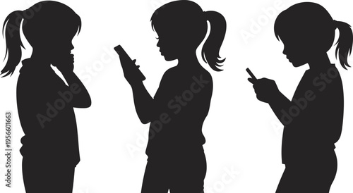 Girl using smartphone silhouettes, child with mobile phone in different poses, digital addiction concept, black and white illustration isolated