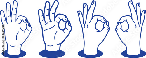 Four hands displaying different hand signs on blue stands