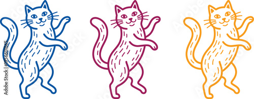 Three colorful cartoon cats dancing in unison with playful poses and vibrant outlines