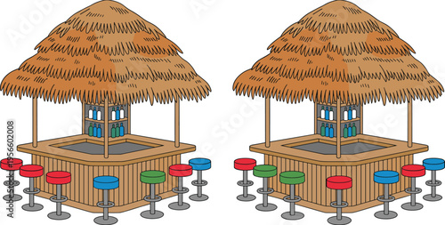 Tropical tiki bar hut illustration, beach cocktail stand, summer vacation concept, wooden bar with stools, island party, cartoon style