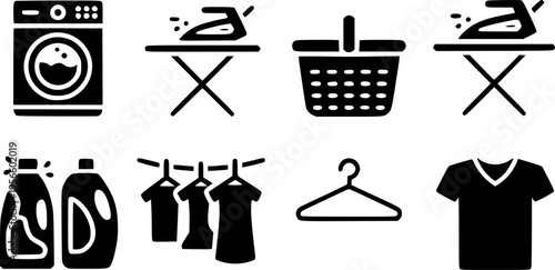 Collection of black representing laundry and ironing services and household chores