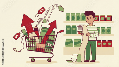  A stressed consumer shocked by the high cost of living. Illustration of rising grocery prices with a full cart and a long bill. Vector illustration