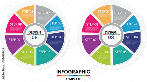 Eight step circular infographic design template for cyclic business process visualization and recurring project management workflow display