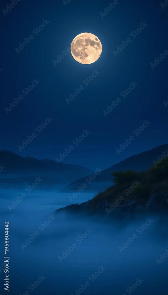 Fototapeta premium Lunar glow illuminates a serene night landscape, glow, night