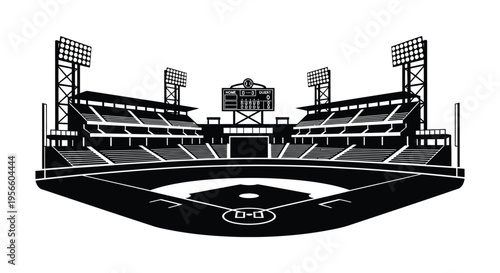 A striking black and white illustration depicts a baseball stadium including the field stands and lights in silhouette high quality professional