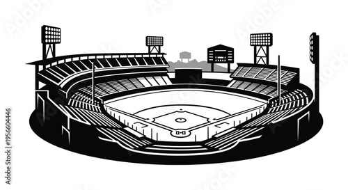 A detailed illustration showcases a baseball stadium with grandstands field and lights presented in a striking silhouette high quality professional modern