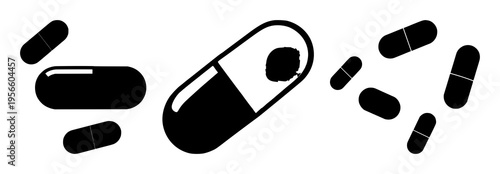 Pill capsule set with minimalist silhouette design featuring capsule shapes, medical icons, health symbols with pharmaceutical imagery and wellness focus