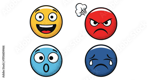 Four colorful emoji faces displaying happiness anger surprise and sadness in a comic style silhouette high quality professional detailed modern elegant