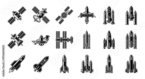 A collection of spacecraft and rockets depicted in a stark black outline style creating a distinct silhouette high quality professional detailed