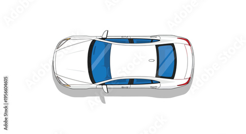 A top down view of a modern white sedan with blue accents presented as a clean graphic silhouette high quality professional detailed