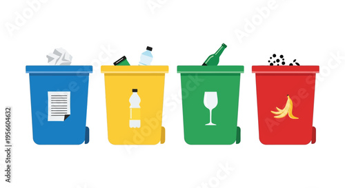 Four colorful recycling bins depict paper plastic glass and organic waste separation a flat vector illustration silhouette high quality professional detailed