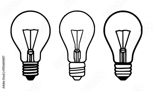 Lightbulb set with continuous one-line drawing on solid white background featuring vector, silhouette, filament with monochrome and modern