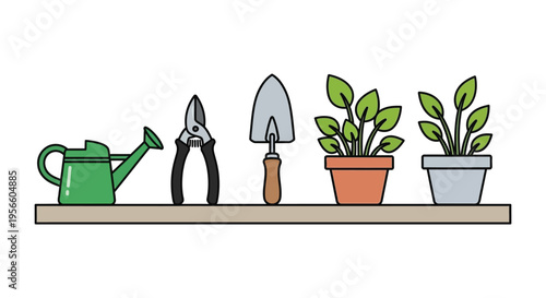 A colorful illustration depicts gardening tools potted plants and a shelf creating a peaceful outdoor scene silhouette high quality professional detailed