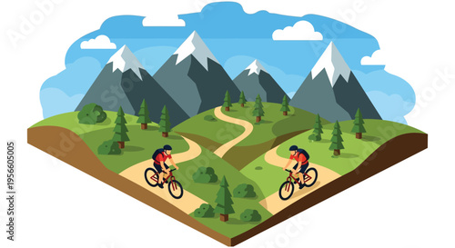 Two cyclists ride along a winding path through a mountainous landscape with a distinctive silhouette high quality professional detailed modern elegant