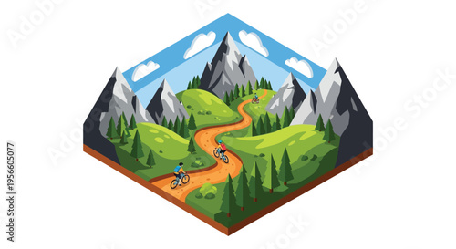 Isometric illustration depicts cyclists riding a winding path amidst vibrant mountains and lush greenery a striking silhouette high quality professional detailed