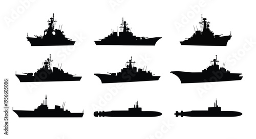 Silhouettes of various naval warships and submarines against a white background