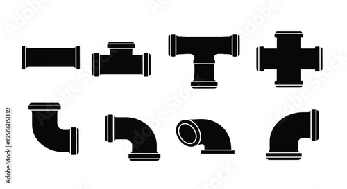 Black and white illustration of various plumbing pipe fittings