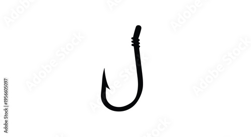 A simple black silhouette of a curved fishing hook on white