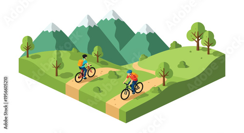 Two cyclists enjoy a vibrant isometric landscape with rolling hills and distant mountains presented as a silhouette high quality professional detailed